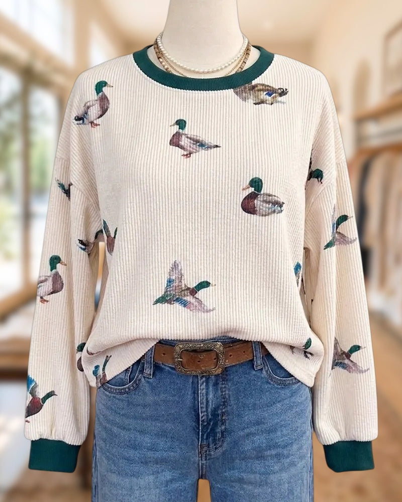 Duck Print Contrast Trim Crew Neck Cute Ribbed Sweatshirt