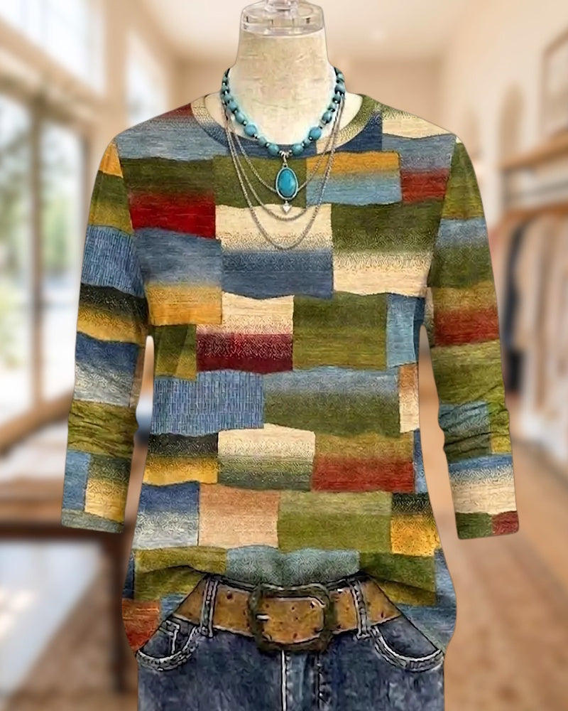 Color Block Print Long Sleeve Round Neck Casual T-shirt