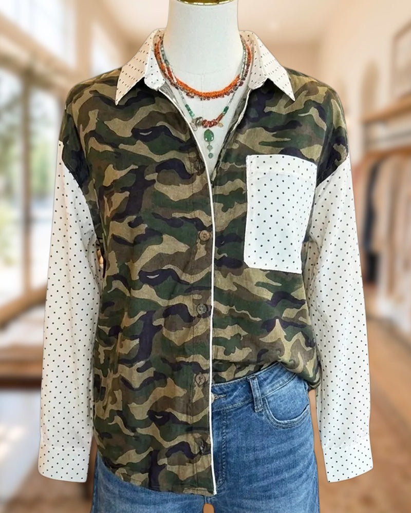 Camo Contrast Polka Dot Button Front Patch Pocket Casual Shirt