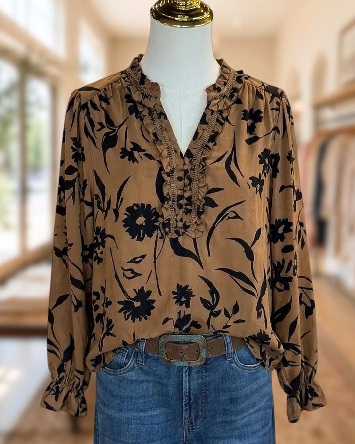 Floral Print Ruffle Trim V Neck Long Sleeve Blouse