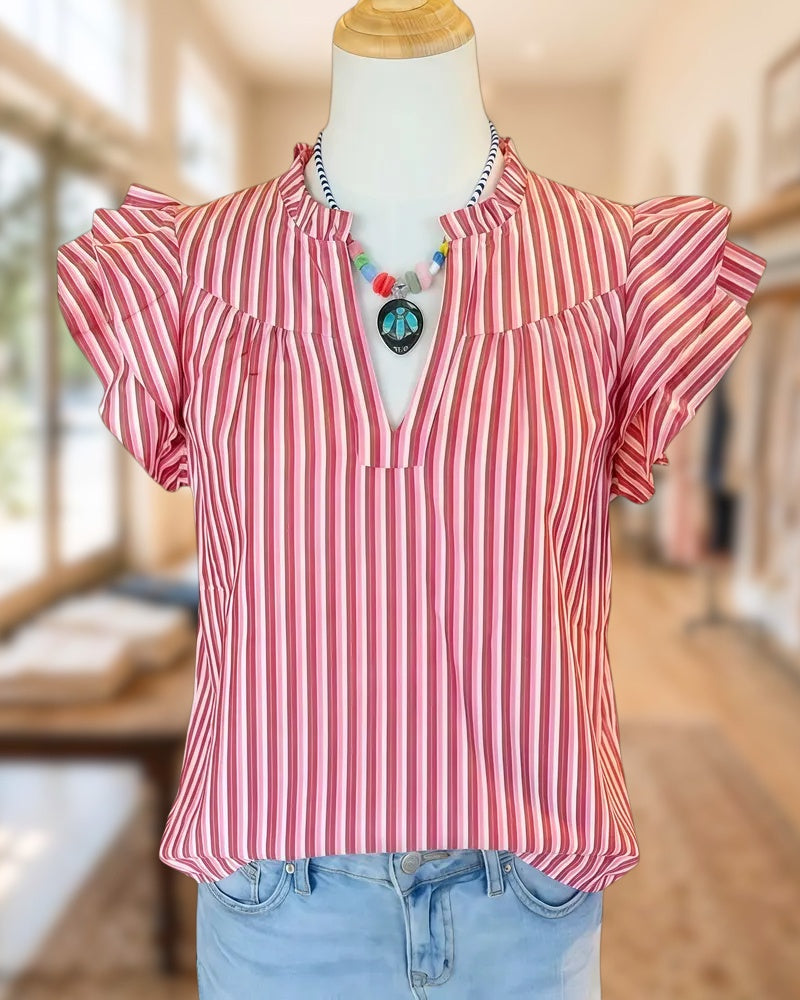 Striped Ruffle Sleeve V Neck Gathered Chest Casual Blouse