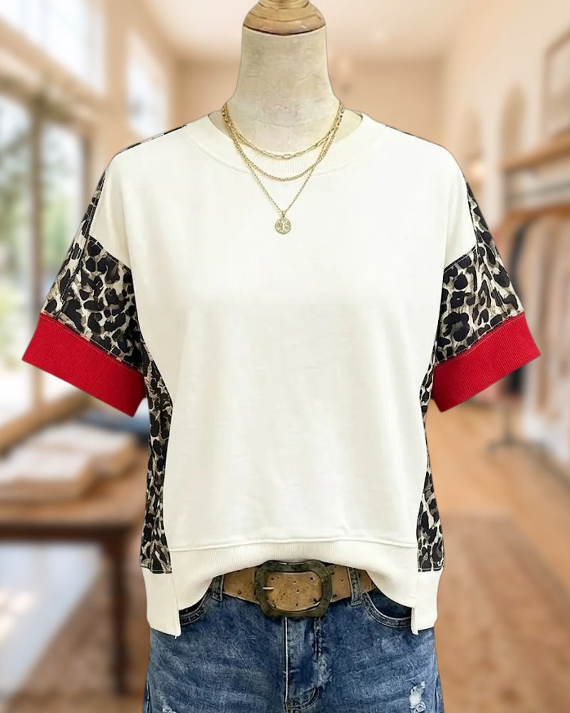 Leopard Panel Contrast Cuff Crew Neck Side Slit T-Shirt