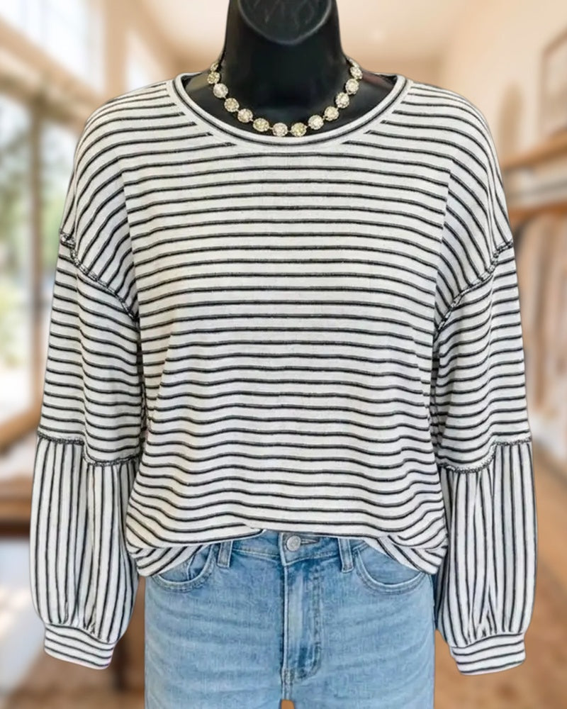 Striped Lantern Sleeve Exposed Seam Casual Round Neck Top