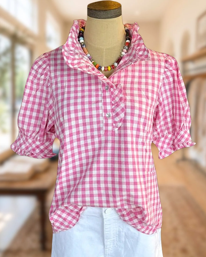 Gingham Feminine Puff Sleeve Ruffles Trim Blouse