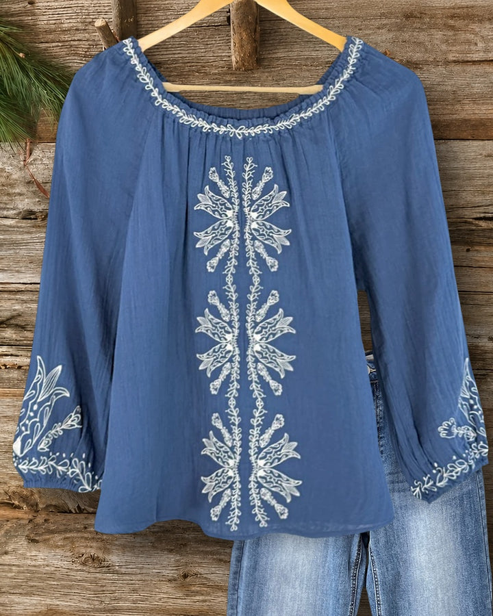 Floral Embroidery Scoop Neck Raglan Sleeve Soft Boho Blouse