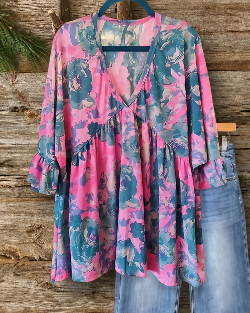Floral Print Ruffle Sleeve V Neck Floaty Blouse