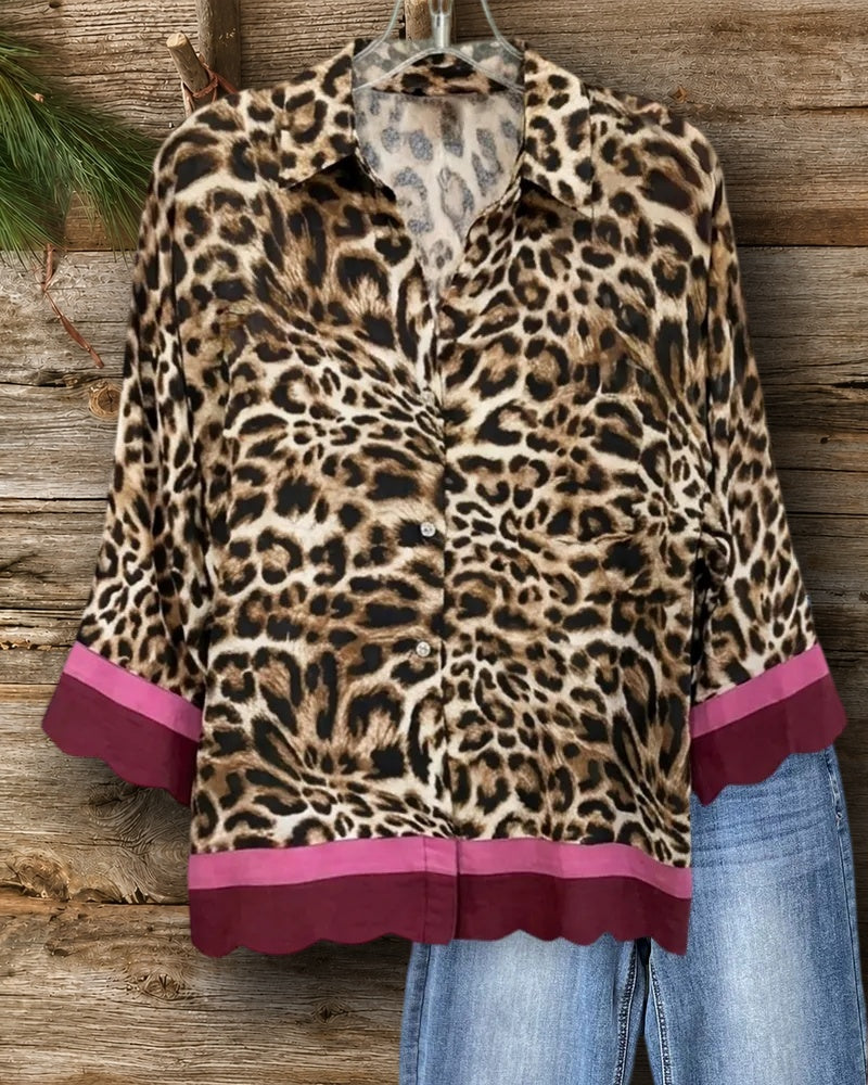 Leopard Print Scalloped Trim Button Front Collared Blouse