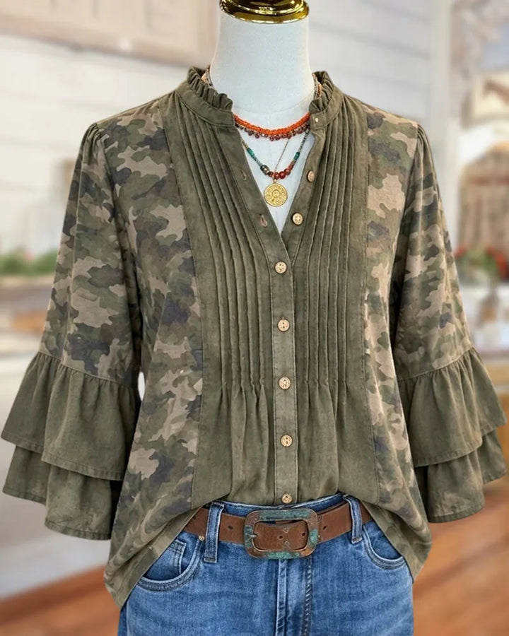 Ruffled Neck Pintuck Placket Tiered Flare Sleeve Casual Blouse