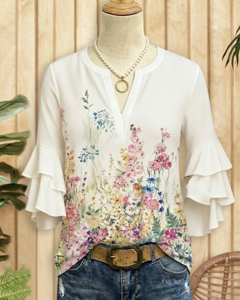 Casual Floral Print Tiered Ruffle Sleeve V Neck Blouse