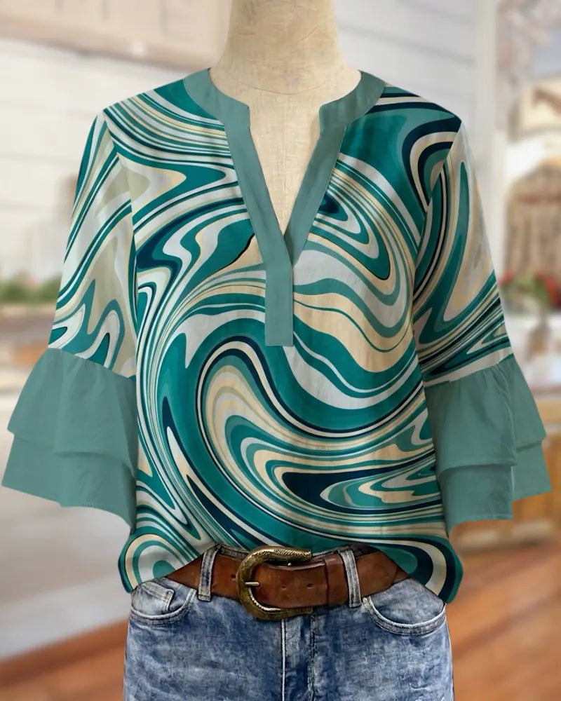 Boho Print V Neck Tiered Flare Sleeve Casual Blouse