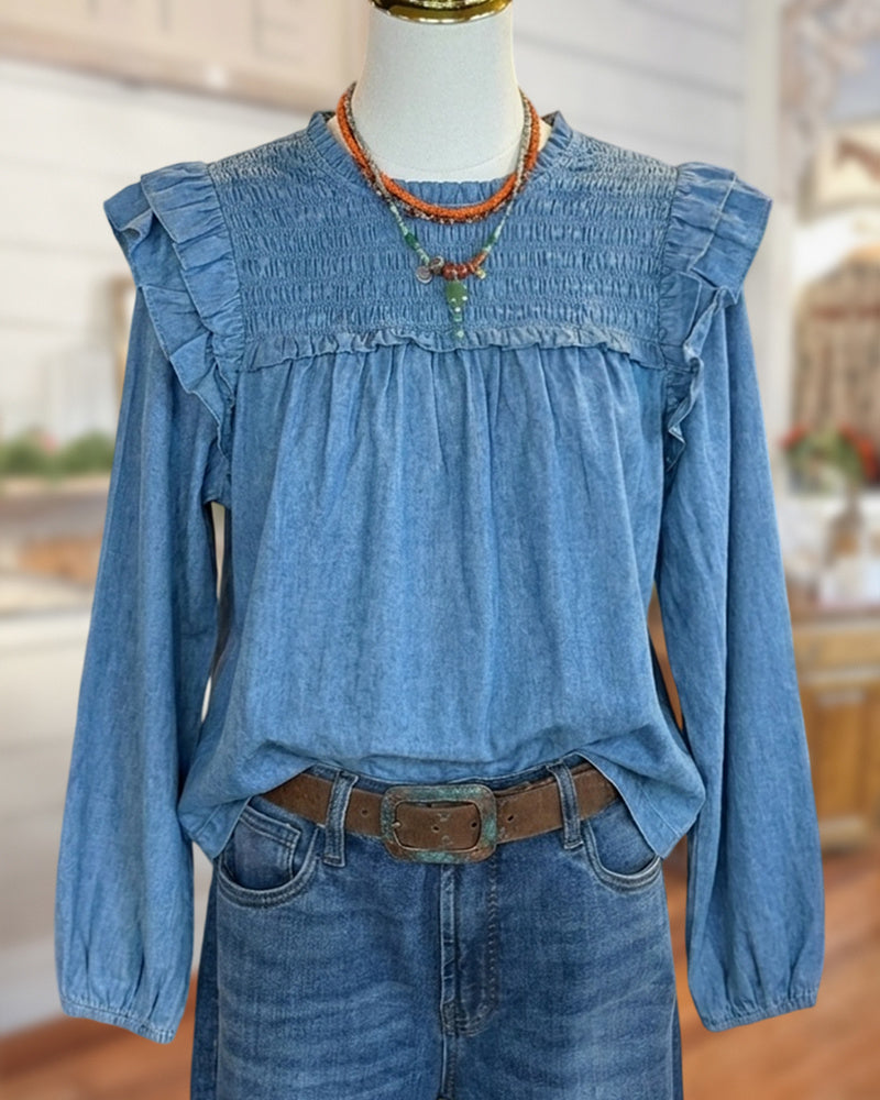 Smocked Ruffle Shoulder Puff Sleeve Loose Casual Blouse