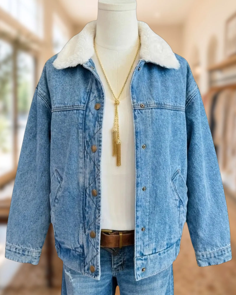 Faux Fur Collar Button Front Pocket Loose Denim Jacket