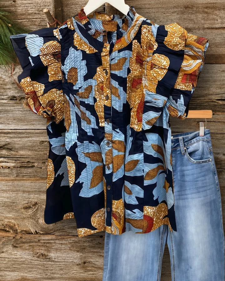 Floral Print Elegant Ruffle Sleeve Button Down T-Shirt