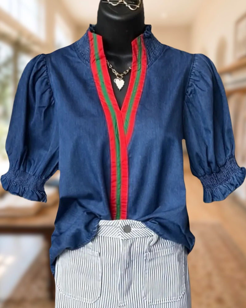 Ruffled Puff Sleeve V Neck Contrast Trim Denim Blouse