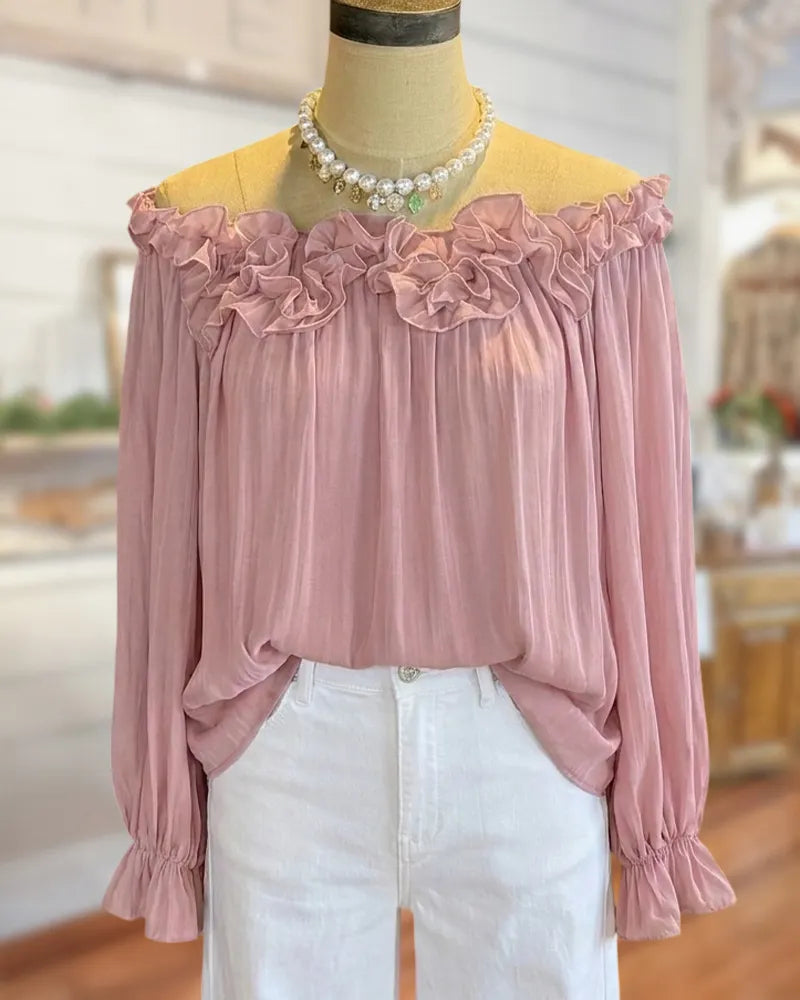 Off Shoulder Ruffle Trim Long Sleeve Loose Casual Blouse