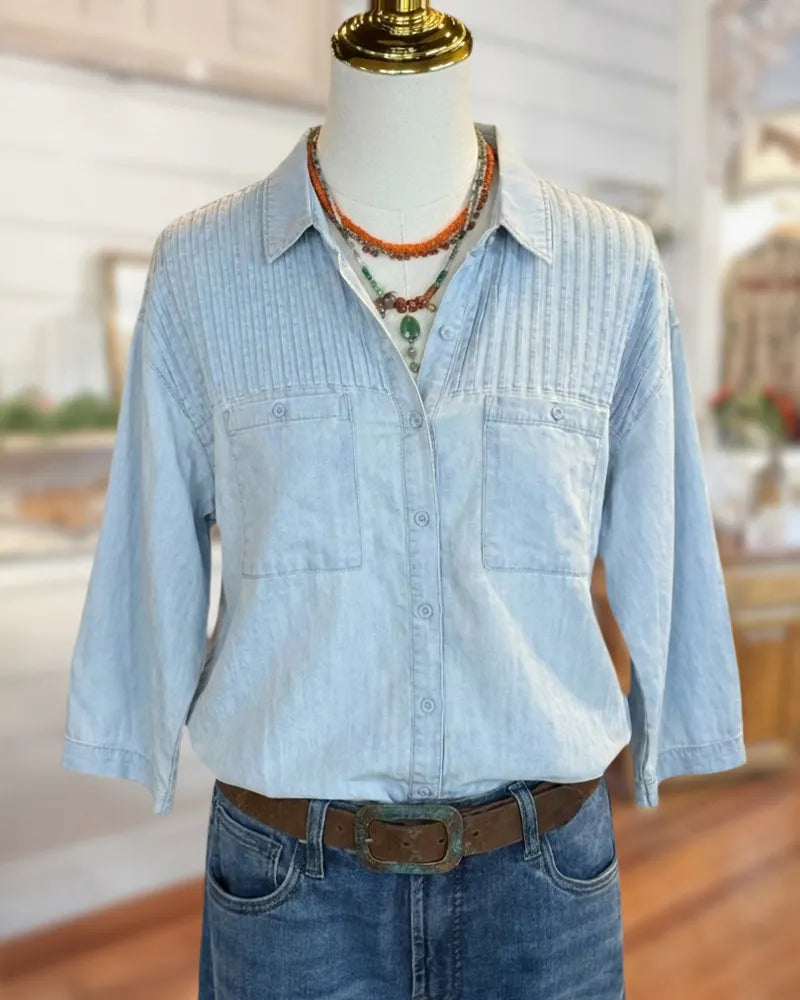 3/4 Sleeve Pintuck Detail Button Up Chest Pocket Shirt