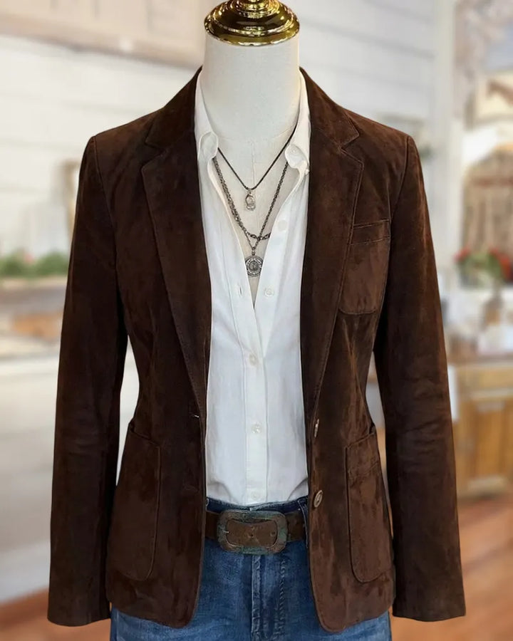 Notched Lapel Patch Pocket Single Breasted Tailored Suede Blazer