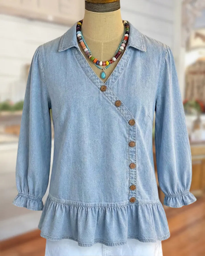 Button Front Ruffled Hem Denim Blouse