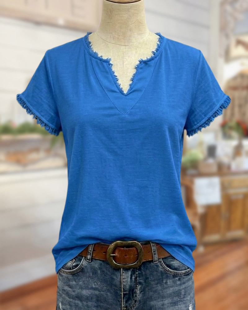 Frayed Trim V Neck Short Sleeve Casual Daily T-shirt