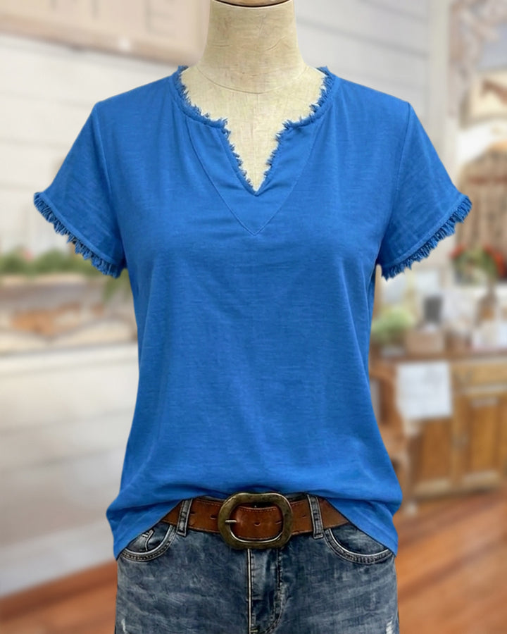 Frayed Trim V Neck Short Sleeve Casual Daily T-shirt