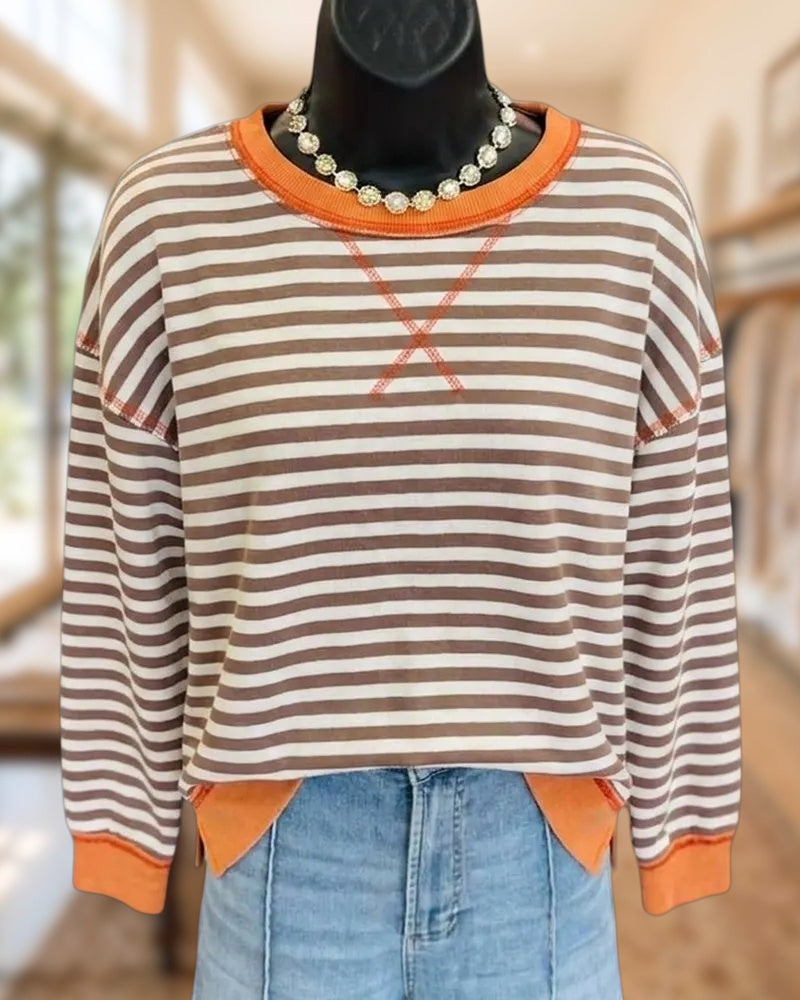 Striped Contrast Trim Crew Neck Long Sleeve Casual Sweatshirt