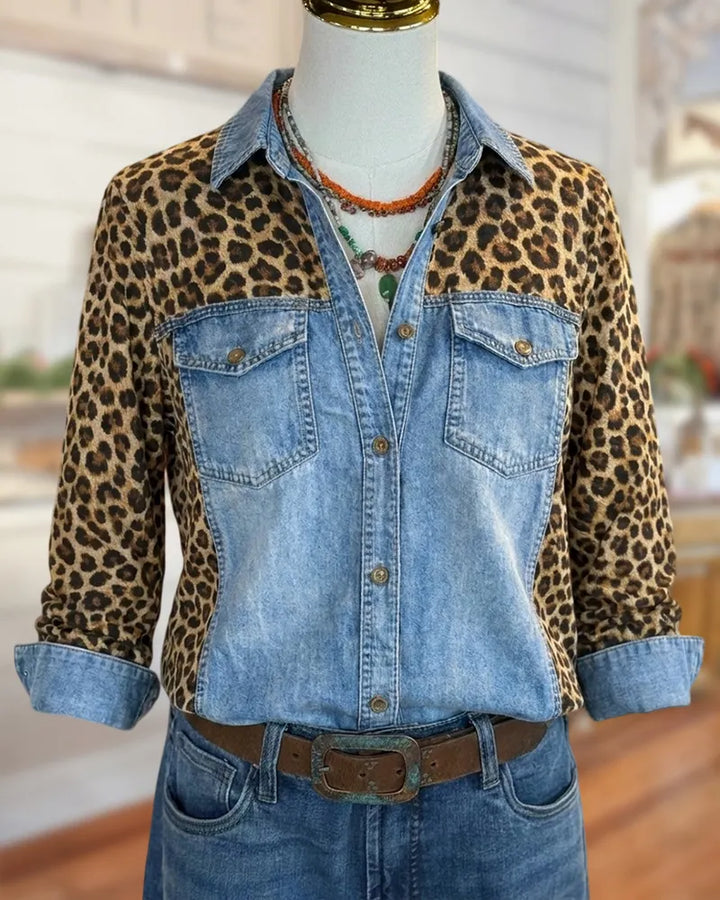 Leopard Contrast Button Down Shirt with Flap Chest Pockets