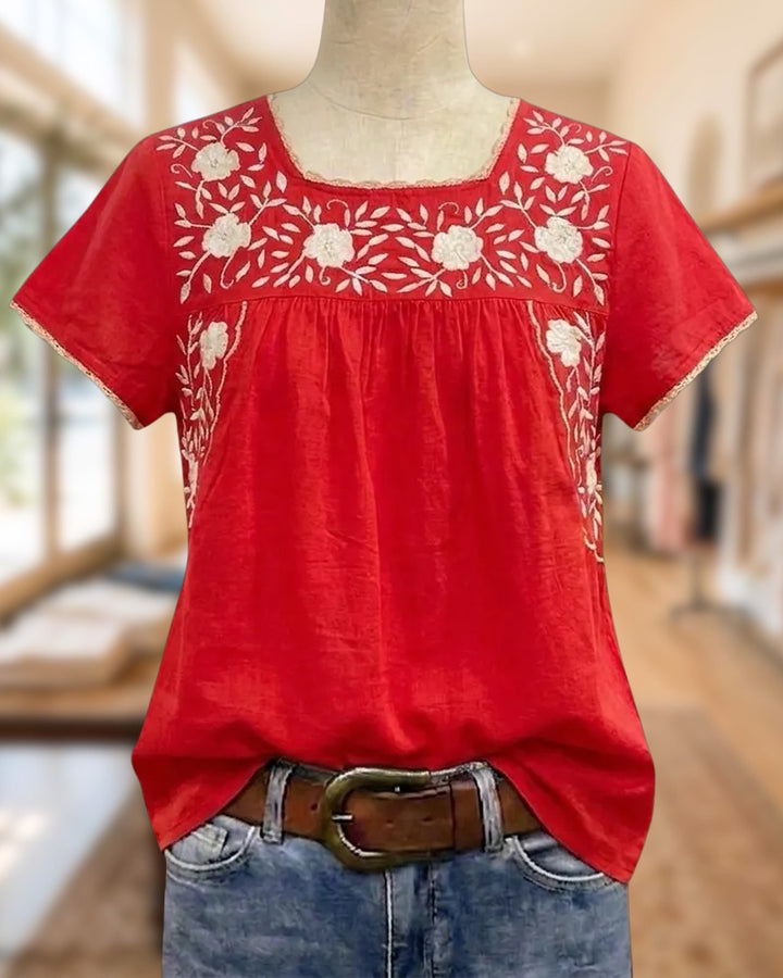Square Neck Floral Embroidery Lace Trim Short Sleeve Blouse