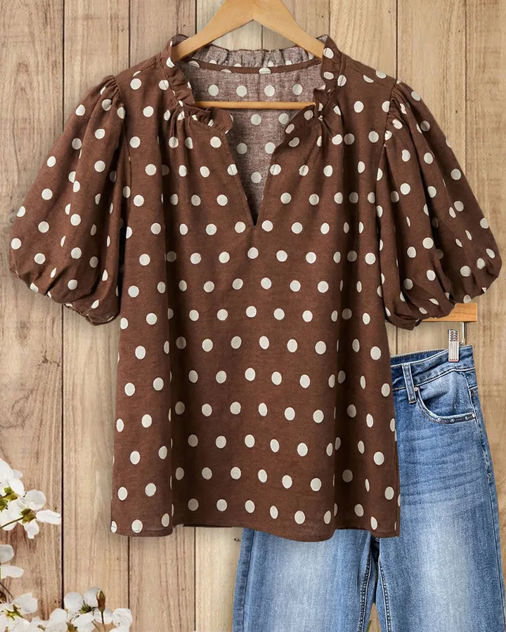 Ruffle Trim V Neck Puff Sleeve Polka Dot Versatile Blouse