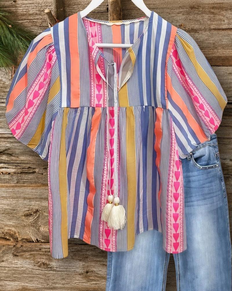 Tribal Print Pretty Tiered Lace-Up T-Shirt