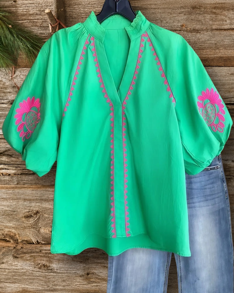 Embroidered Puff Sleeve V Neck Versatile T-Shirt