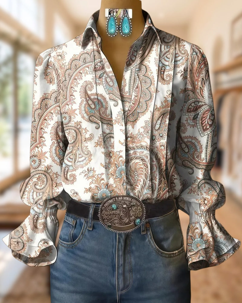 Paisley Print Boho Trumpet Sleeve Button Up Blouse