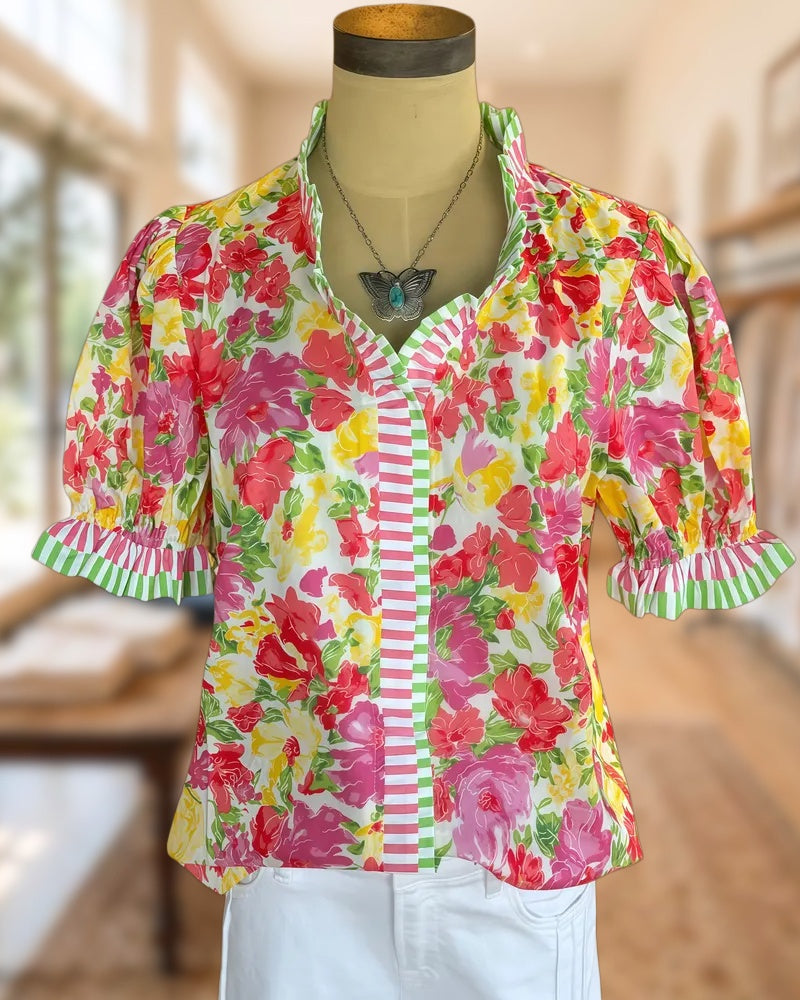 Floral Print Striped Trim Bright Puff Sleeve Blouse