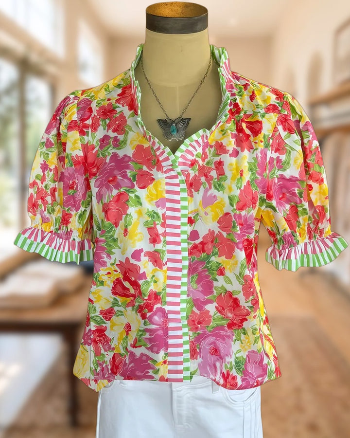 Floral Print Striped Trim Bright Puff Sleeve Blouse