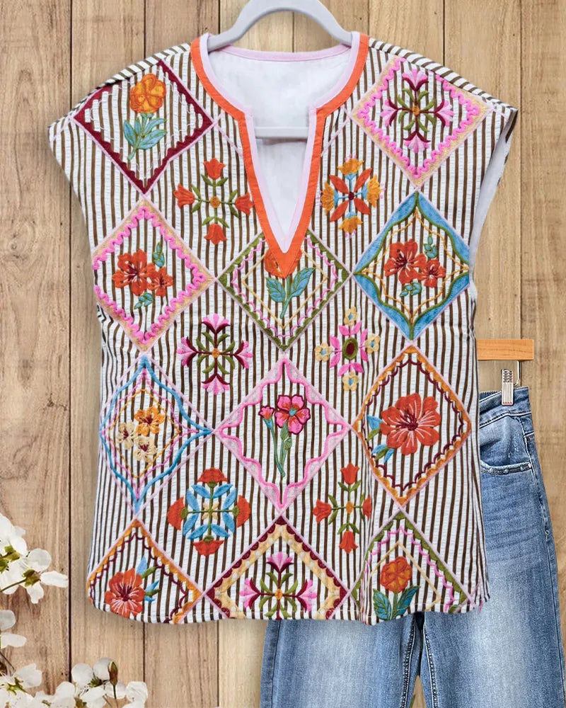 Floral Embroidery & Striped V Neck Cap Sleeve Casual Blouse