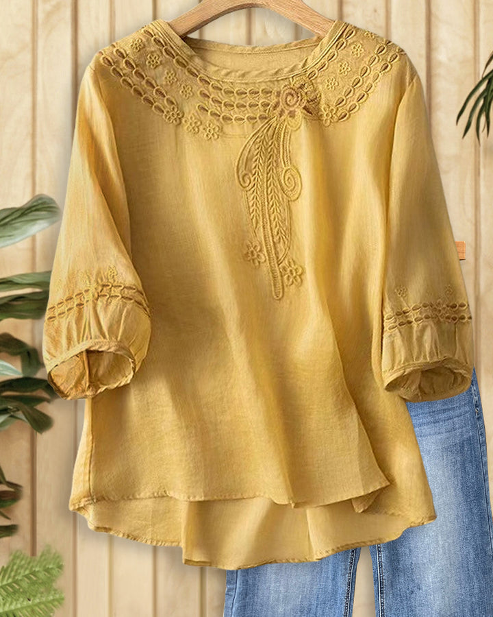 Floral Embroidery Ethnic Round Neck Blouse