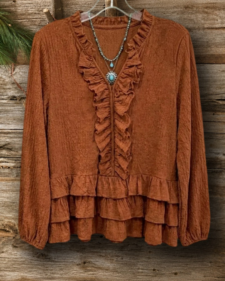 V Neck Ruffle Trim Tiered Hem Long Sleeve Blouse