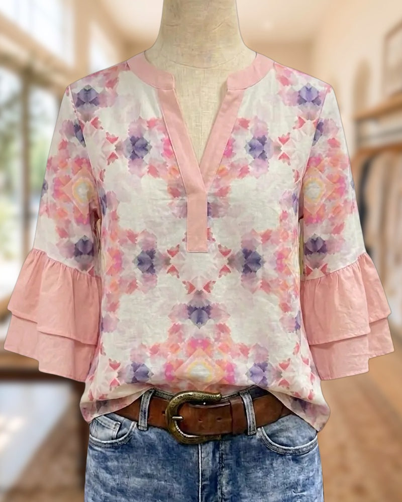 Boho Print V Neck Tiered Flare Sleeve Casual Blouse