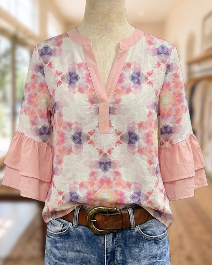 Boho Print V Neck Tiered Flare Sleeve Casual Blouse