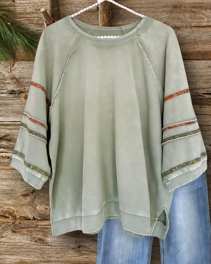 Distressed Hit Color Classic Round Neck Side Slit Shirt