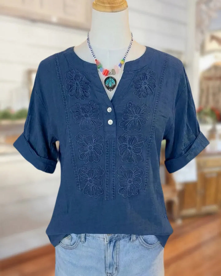 Floral Embroidered V Neck Rolled Cuff Short Sleeve Blouse