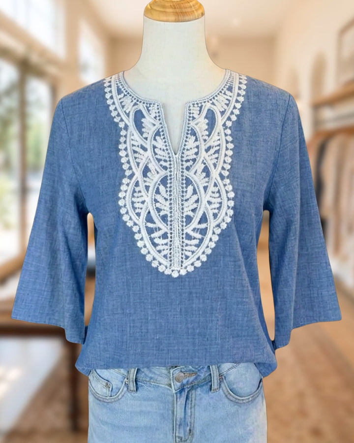 Embroidered Split Neck 3/4 Sleeve Casual Relaxed Fit Blouse