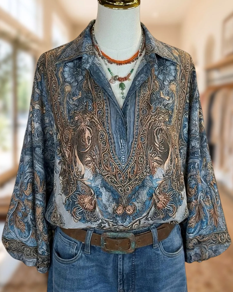 Embroidered Collared Paisley Print Lantern Sleeve Loose Fit Blouse