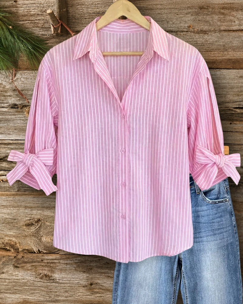 Collared Striped Button Down Shirt With Decorative Bow Cuffs