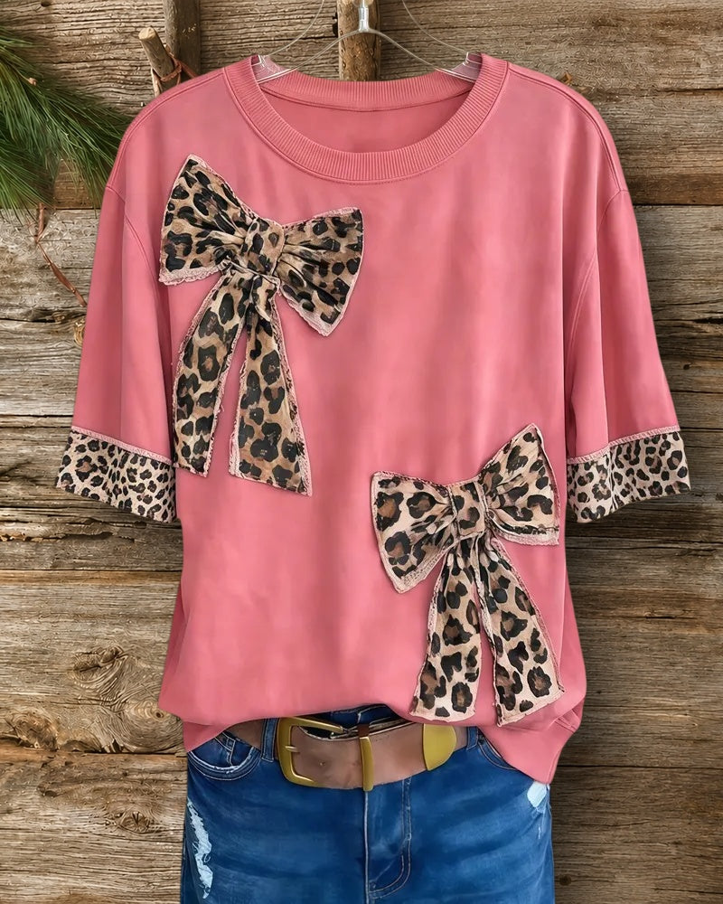 Leopard Bowknot Applique Feminine Short Sleeve Shirt