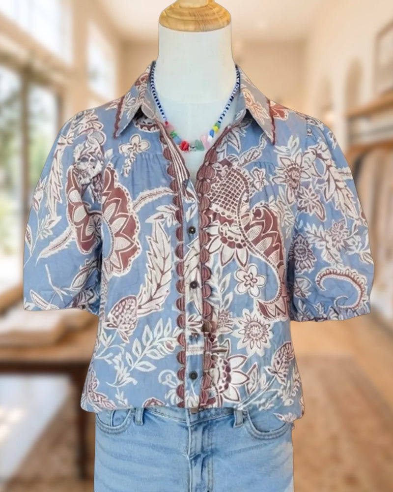 Scallop Trim Puff Sleeve Printed Collared Button Front Blouse
