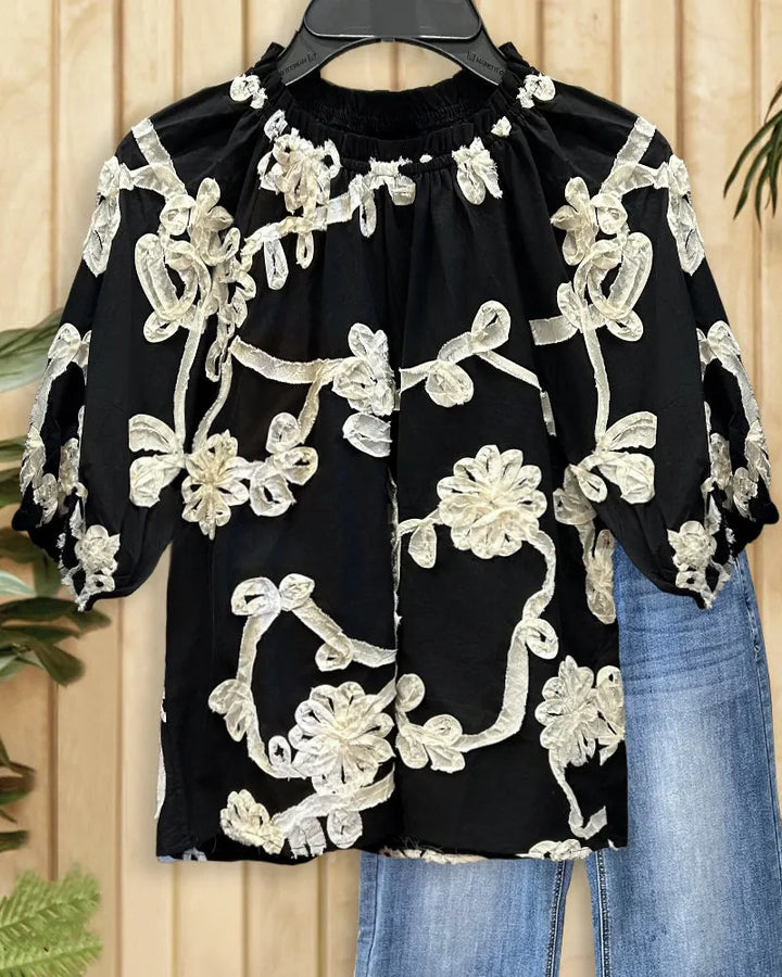 Solid Color Floral Applique Ruffled Collar Unique Blouse