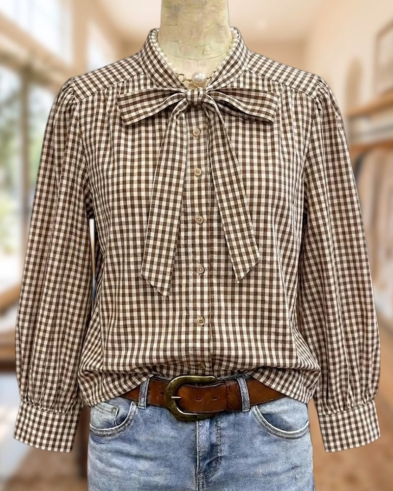 Pussy Bow Gingham Long Sleeve Button Up Preppy Blouse