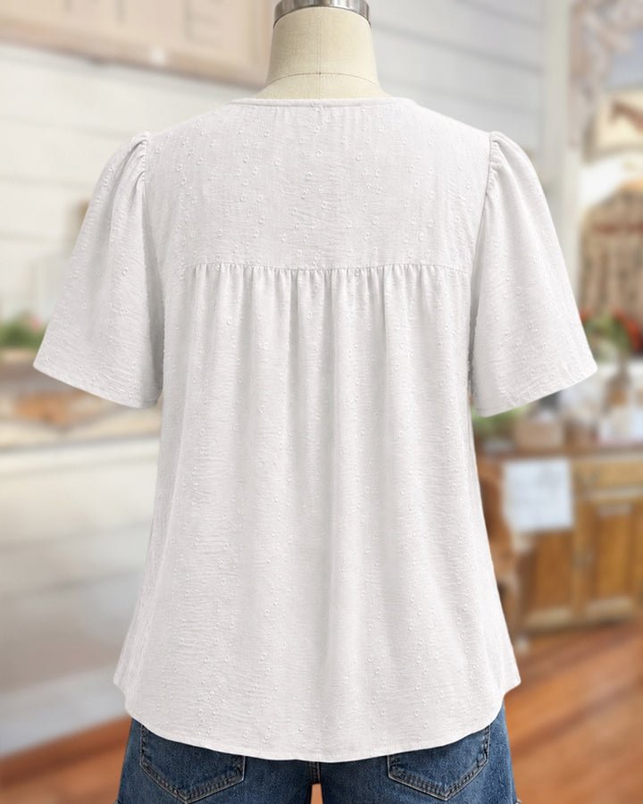 Lace Trim Swiss Dot Short Sleeve Ruched Bust Casual Blouse