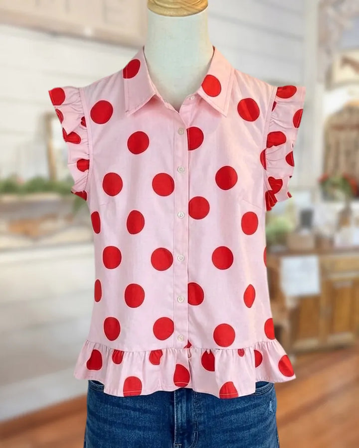Polka Dot Collared Ruffled Trim Button Front Casual Blouse