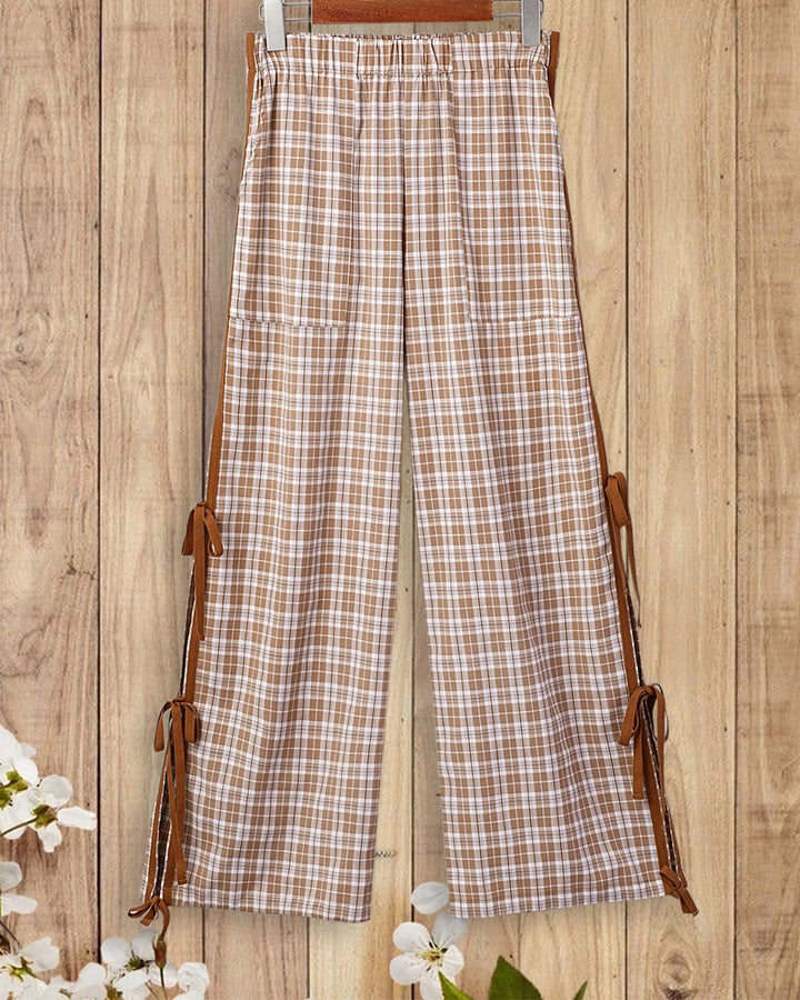Plaid Side Tie Elastic Waist Wide Leg Pants